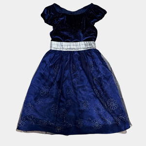 Jona Michelle Girls Navy Velvet Tulle Party Dress Silver Waist Floral Size 6